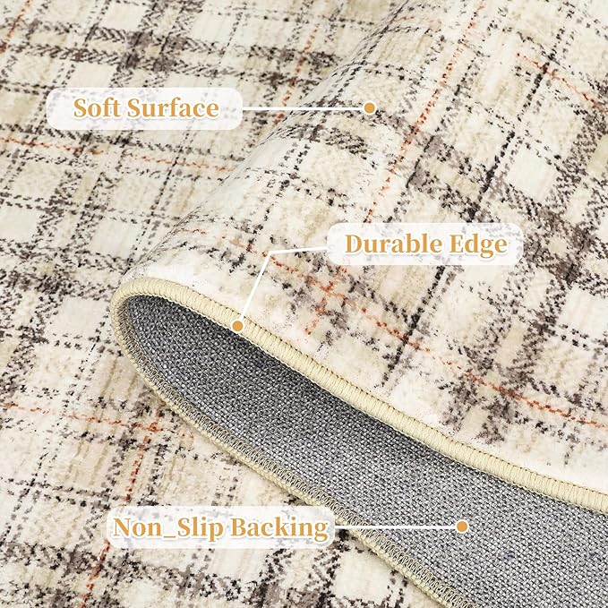 Washable Runner Rug 2x8 Modern Entryway Rug Tartan Plaid Non Slip Kitchen Rugs Farmhouse Bedroom Area Rug Hallway Runners Soft Bathroom Rugs Stain Resistant Carpet 2'x8' Green/Beige