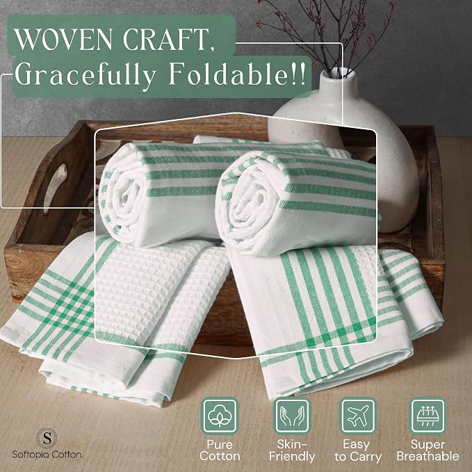 Waffle White & Dark Green Kitchen Towels 12 Pack, 100% Cotton, 16x26 inches, Super Absorbent Tea Towel for Drying Dishes, Quick Drying Kitchen Cloth Set for Daily Cooking, Cleaning