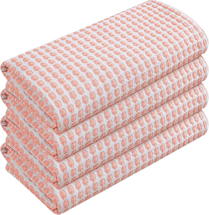 TWINY threads Circle Waffle Dish Towels 4 Pack, 16x26 Inches, 100% Cotton, Soft, Breathable, Durable, High Absorbency Dishcloth Set, Perfect for Daily Kitchen Use, Drying Glassware, Light Orange