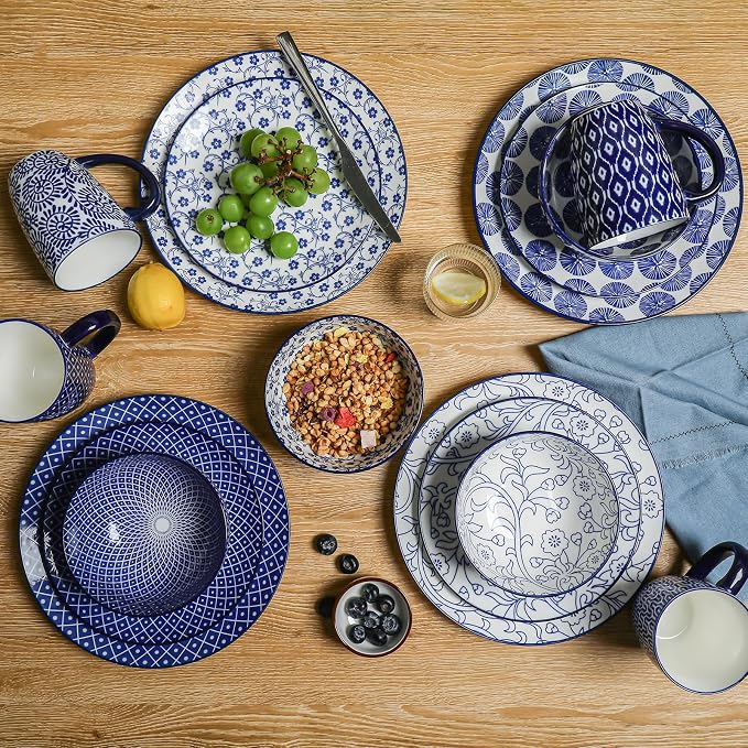 Selamica Ceramic Dinnerware Sets for 4, 16 Pieces Dishes Set, Scratch Resistant Plates and Bowls Sets, Microwave and Dishwasher Safe (Vintage Blue) A