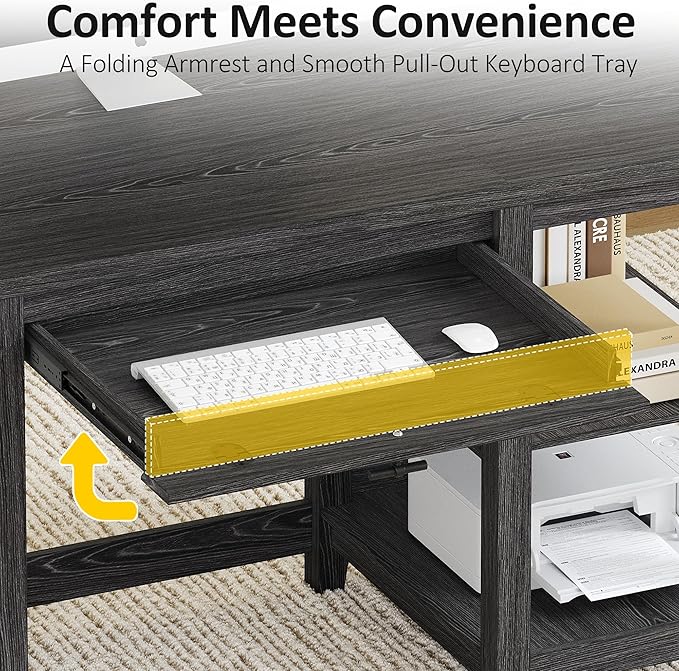 58" Executive Desk with Foldable Keyboard Tray and Charging Station, Farmhouse Wood Home Office Desk with Drawers and Magazine Rack, Large Writing Computer Desk for Home Office and Study, Black