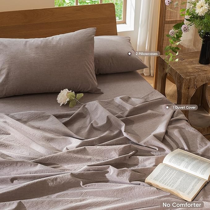 MooMee Bedding Duvet Cover Set 100% Washed Cotton Linen Like Textured Breathable Durable Soft Comfy (Heathered Mauve Brown, Oversized Queen 98"x98")
