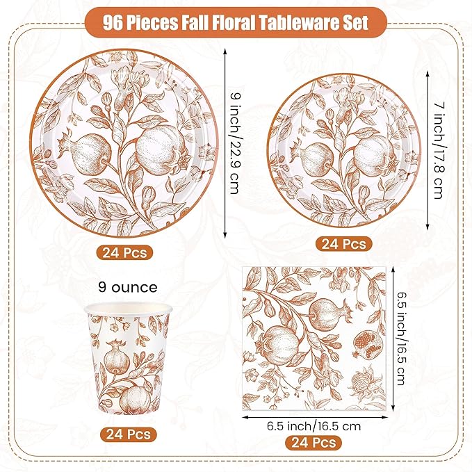 96 Pieces Fall Disposable Pomegranate Paper Plates Thanksgiving Vintage Floral Party Supplies Orange Floral Tableware Set Includes Paper Plates Cups Napkins Serve 24 for Wedding Baby Shower