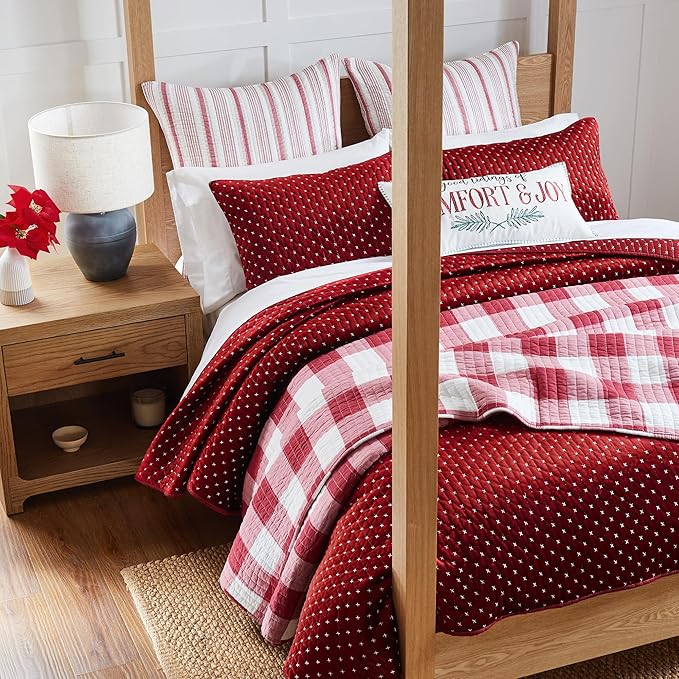 Levtex Home - Cross Stitch Velvet Red Quilt Set - Twin Quilt + One Standard Pillow Sham - Cross Stitched Pattern - Quilt Size (68x86in.) and Pillow Sham Size (26x20in.) - Reversible