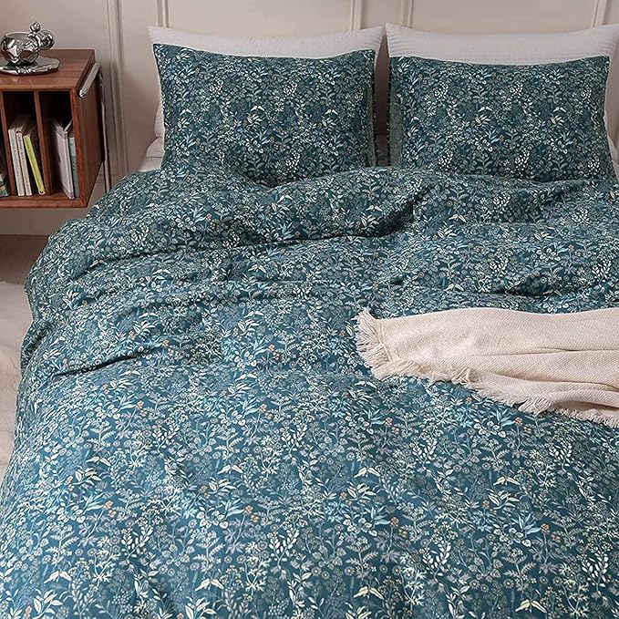 EAVD Botanical Floral Duvet Cover Full Blue Soft Cotton Garden Floral Bedding Set with 2 Pillowcases Vintage Style Botanical Full Duvet Cover with Zipper Closure