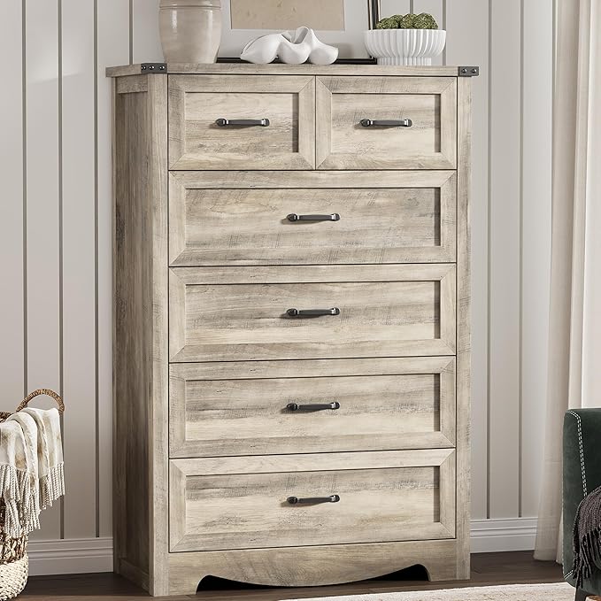Dresser for Bedroom with 6 Drawers, 49" Tall Wood Chest of Drawers with Deep Drawers & Mental Handle, Modern Dresser TV Stand, Wooden Closet Storage Organizer for Living Room, Hallway, Entryway, Grey