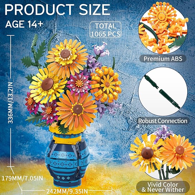 Flower Bouquet Building Blocks Set with Vase, Women Men Teen Girls Gifts for Christmas, 1065PCS Sunflower Botanical Collection Artificial Flower Decor Birthday Gifts for Her Him Wife Mom Grandma Adult