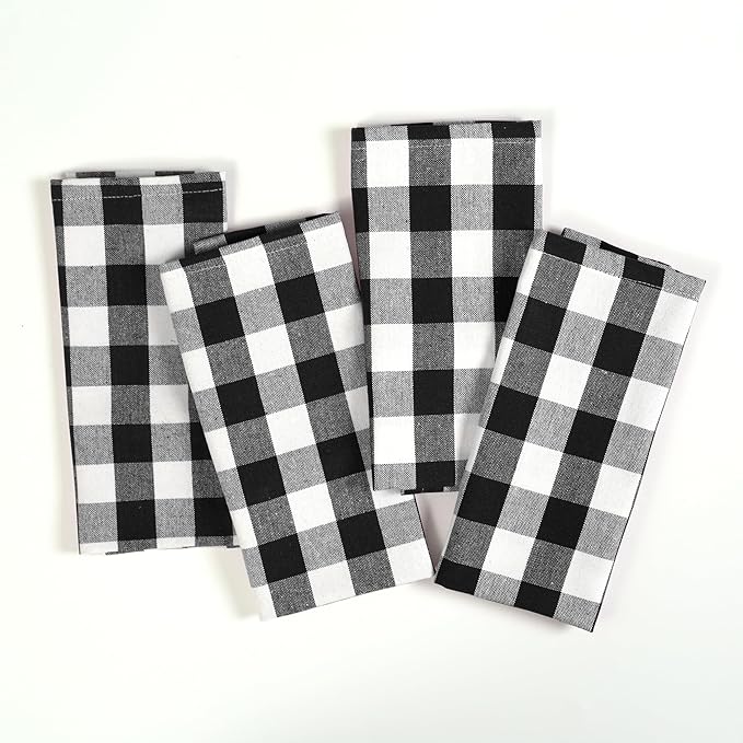 Gingham Checked Dish Towels 12 Pack, 18x26 Inches, Quick Dry Towels for Kitchen, Reusable, Absorbent Wash Cloths Set, Washable Fabric, Heavy Duty for Daily Use - Black and White
