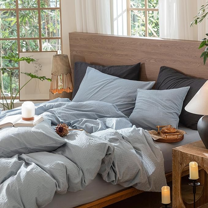 MooMee Wavy Striped Duvet Cover Set 100% Washed Cotton Linen Like Textured Breathable Durable Soft Comfy (Cornflower Blue, King 104"x90")