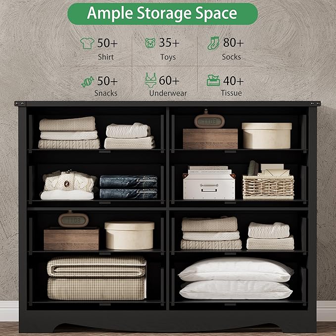 Dresser for Bedroom with 8 Drawers, 54" Wide Wood Chest of Drawers with Deep Drawers & Mental Handle, Modern Dresser TV Stand, Wooden Closet Storage Organizer for Living Room, Hallway, Entryway, Black