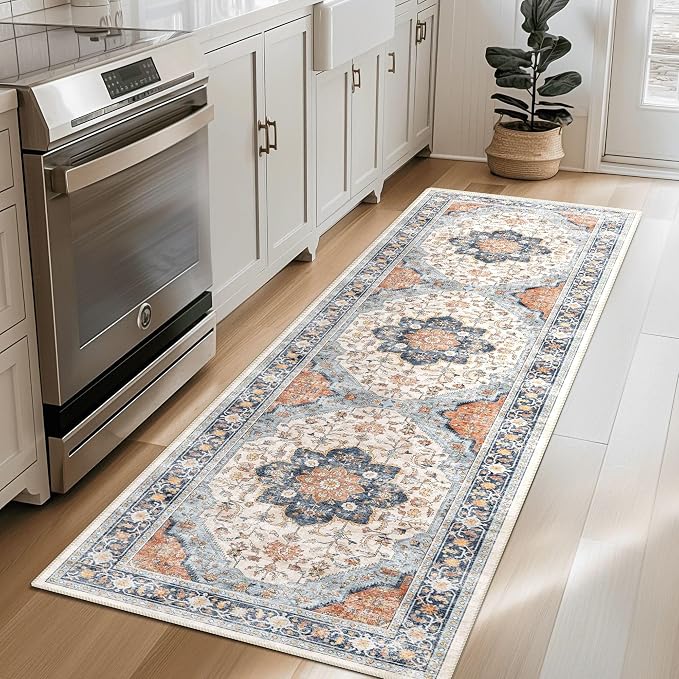 vivorug Boho Runner Rug 2x10 Machine Washable Rug with Non-Slip Backing, Ideal for Kitchen Hallway Entryway Laundry Room - Vintage, Durable, Easy Clean, Low Pile Carpet Runner Orange/Navy