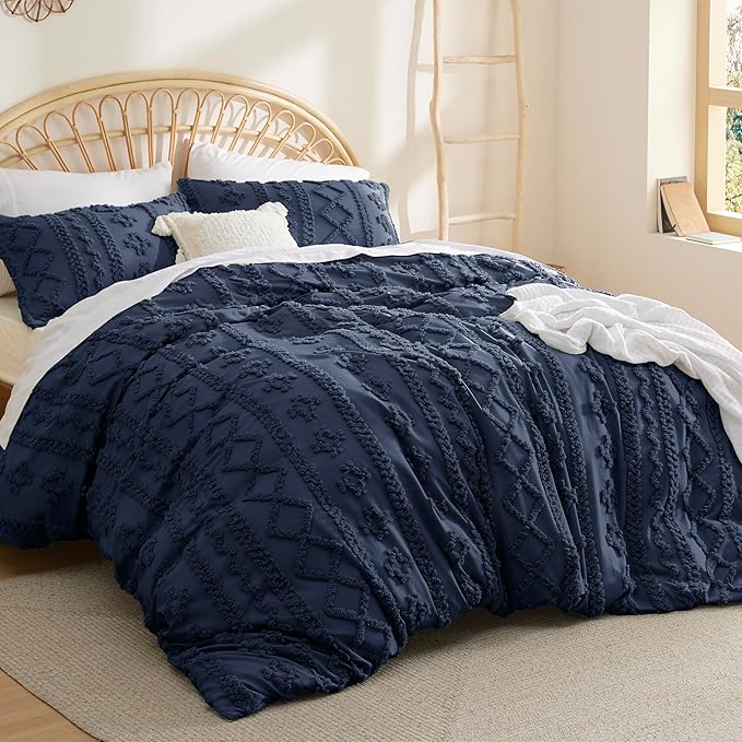 Bedsure Boho Duvet Cover King Size, Soft & Comfortable Elegant Design Boho Bedding for Decoration, Machine Washable Comforter Cover for All Seasons,Includes 1 Duvet Cover & 2 Pillow Shams,Navy