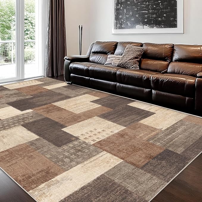Modern Geometric Patchwork Indoor Area Rug for Living Room, Beige 6'x 9' Large Rug Rockwood Collection Hardwood Floors Decor for Bedroom, Beige Throw Carpet for Office Entryway Dining Room