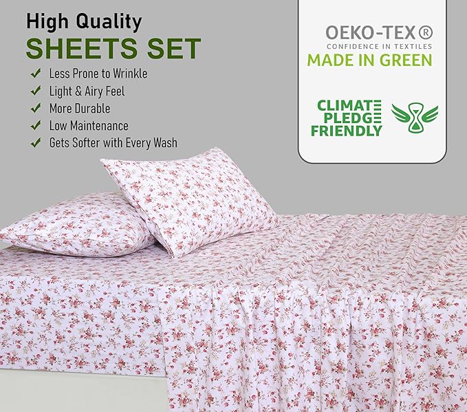 RUVANTI 100% Cotton Twin Sheets Set, 3 Pieces, Soft & Breathable Percale Weave Bedding, Deep Pocket 16", Hotel Standard, Crisp Cool Feel, Durable, Perfect Floral Bed Sheet, Bouquet