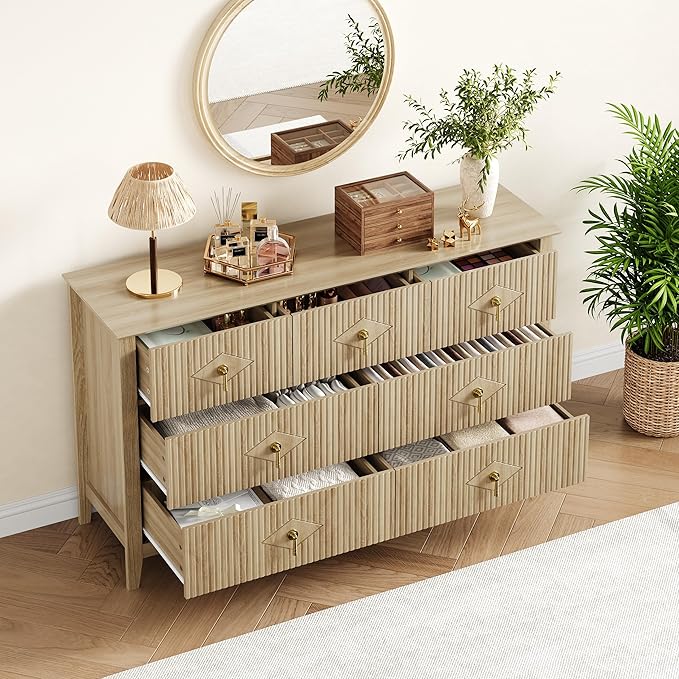 GarveeHome Fluted Dresser for Bedroom, 54 Inch Wide 7-Drawer Wood Dresser, Modern Chest of Drawers, Storage Organizer Cabinet for Living Room, Hallway, Entryway, Natural Oak