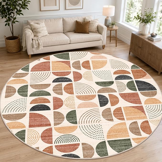 MUJOO Round Rugs 9ft,Circle Area Rug Washable,Circular Rugs for Living Room Dining Room,Large Boho Non Slip Throw Floor Carpet Modern Abstract Bohemian Terracotta