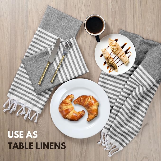 Turkish Kitchen Towels 18x26 Inches with Tassels - 4 Pack - Absorbent, Durable, Soft 100% Cotton Dish Towels for Drying & Cleaning - Machine Washable, Quick Dry - Black