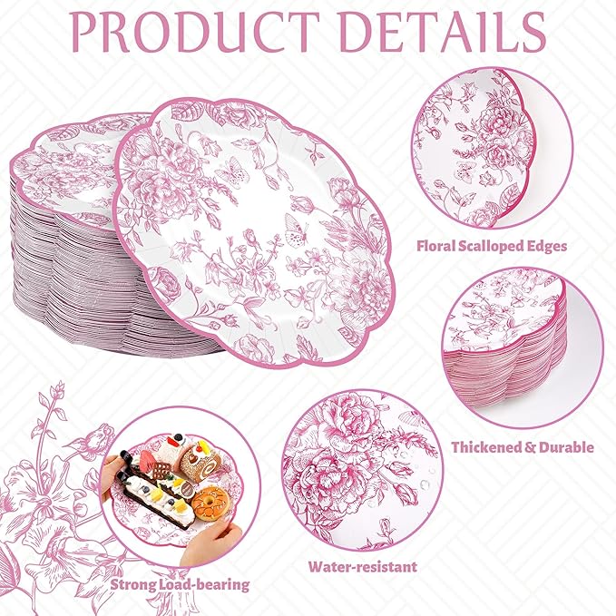 100 Pieces Pink Floral Paper Plates 9 Inches Disposable Pink and White Flower Scalloped Plates Vintage Floral Dinner Dessert Decorative Plate for Wedding Baby Shower Birthday Party Supplies