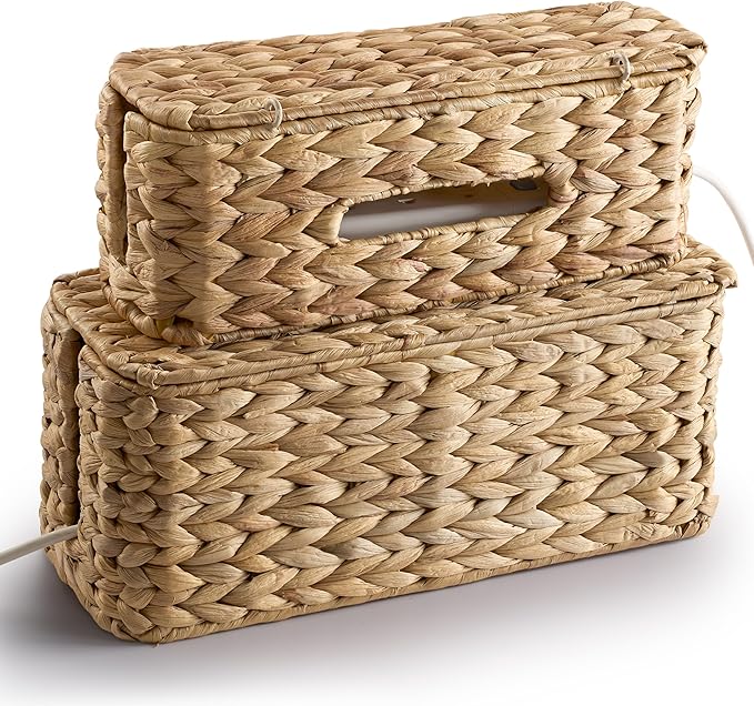 TIDITA Set of 2 Wicker Large Cable Management Box - Cord Box Hider for Home, Office - Water Hyacinth Cable Hider Box, Surge Protector Box for TV Wires, Computer - Power Strip Box - 3 Slots, Secure Lid