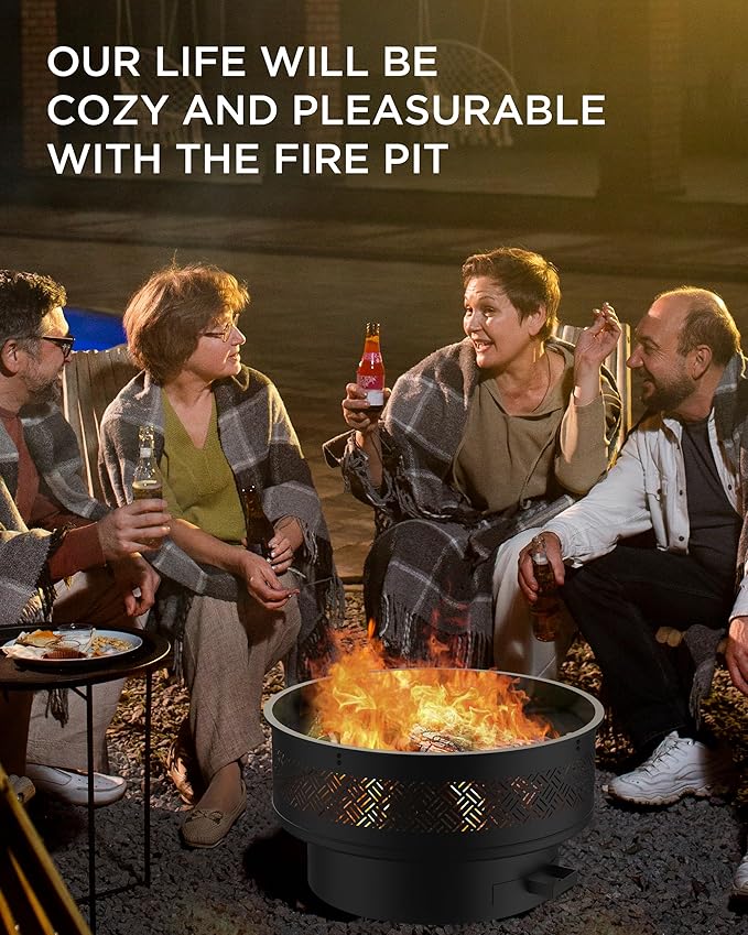 32" Fire Pits with Cooking Grill, Outdoor Fire Pit with Lid & Fire Poker, Fire Pit Table for Outside Wood Burning Firepit Round Heavy Duty Firepit for BBQ, Table, Picnic, Camping, Bonfire Party