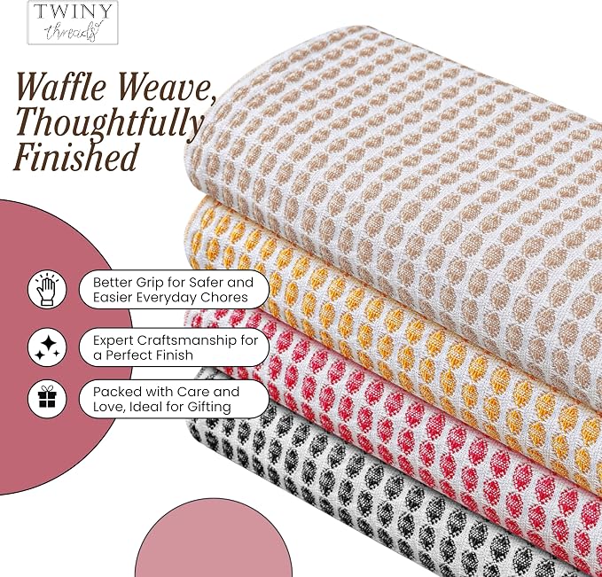 TWINY threads Circle Waffle Tea Towels Set of 4, 16x26 Inch, 100% Cotton, Durable, Soft, Waffle Weave Hand Towels, Reusable Cloths, Ideal for Cooking, Baking, Household, Assorted Colors