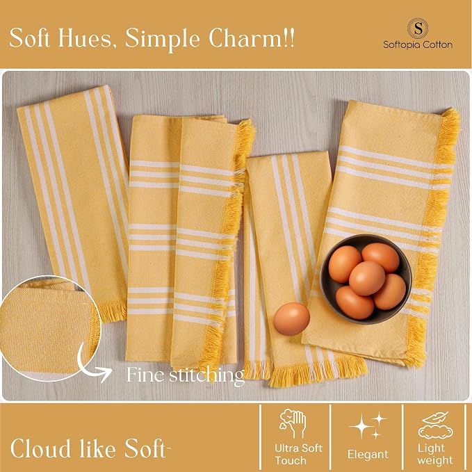 Stripe Kitchen Towels 4 Pack, 16x26 Inches, Dish Cloths for Drying, Wiping, Absorbent Tea Towels, Washable Rags, Reusable Cleaning Cloths for Everyday Kitchen Tasks - Mustard Yellow