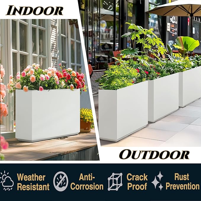 Wallowa Metallic Heavy Outdoor Planter Box, Span Plant Container, Long and Tall Divider Flower Pot, 30Lx10Wx24H, White, No Assembly 30.8 Pounds