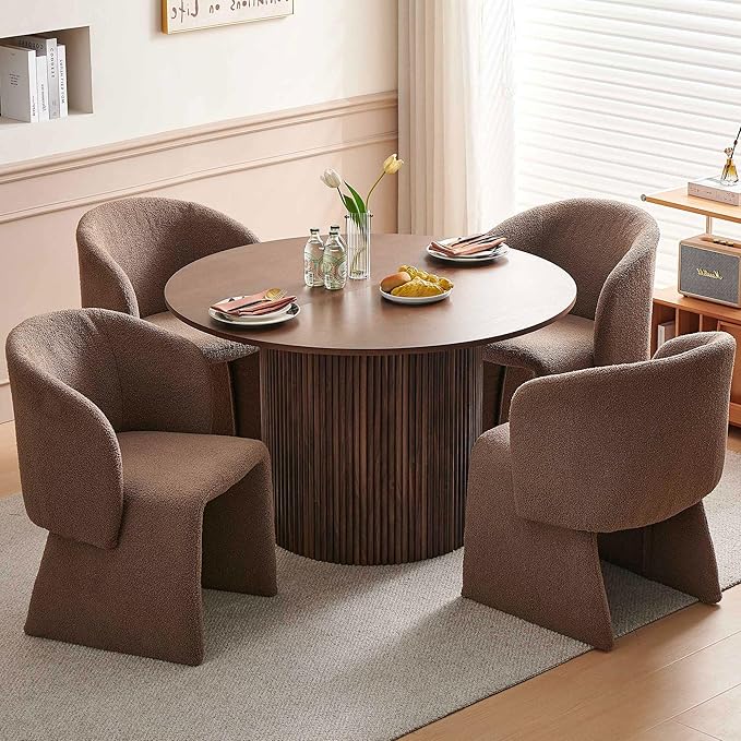 Homedot 47" Round Dining Room Table Walnut Wood Veneer Tabletop, Farmhouse Dinner Table with Two-Part Tabletop for 4-6, Rustic Circle Dining Table with MDF Strip Base for Kitchen Living Room