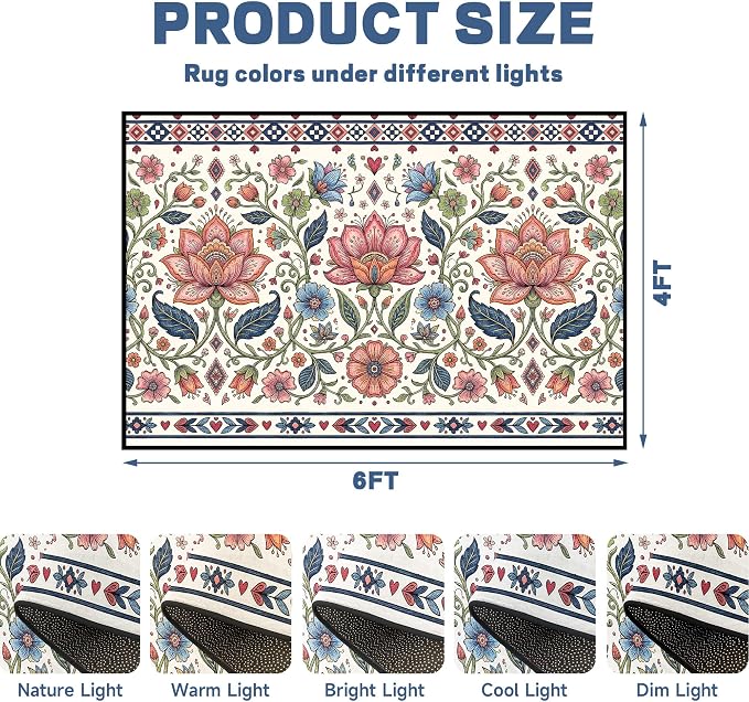 4'x6' Boho Floral Area Rug Vintage Colorful Botanical Carpet Non-Slip Washable Rugs for Bedroom Living Room Nursery Kitchen Playroom Home Decor