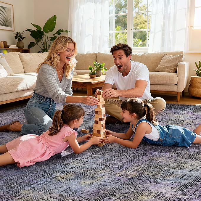 Kokia Abstract Area Rugs Washable Indoor 6x9 Rug Boho Distressed Retro Low Pile Non-Slip Non-Shedding Black Purple Carpet Bedroom Living Room Dining Room, Violet and Slate Blue