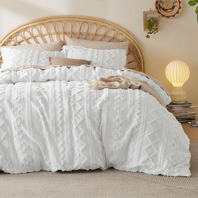 Bedsure Boho Twin Duvet Cover, Soft & Comfortable Elegant Design Boho Bedding for Decoration, Machine Washable Comforter Cover for All Seasons,Includes 1 Duvet Cover & 1 Pillow Sham,White