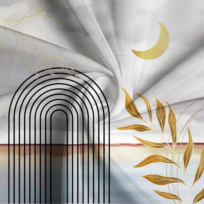Mid Century Boho Shower Curtain Abstract Modern Minimalist Geometric Arch Bathroom Curtain Gold Leaves Aesthetic Waterproof Bath Decor Polyester Fabric with Hooks 72x84 inch