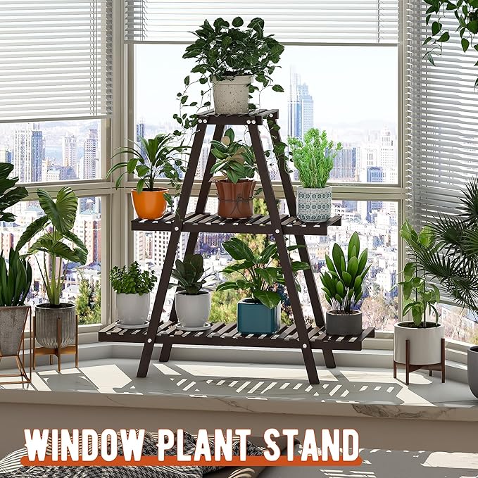 GHWIE Plant Stand Indoor Plant Shelf Outdoor bamboo Plant Rack, 3 Tiers Ladder Plant Holder Flower Stand for Living Room Balcony Garden Patio,Living Room Boho Home Decor for Gardening Gifts (Brown)