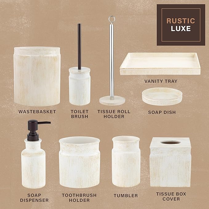 Creative Scents Rustic Luxe Bathroom Accessory Set Complete - 4 Piece Beige Bathroom Soap Dispenser Set has: Lotion Dispenser, Toothbrush Holder, Tumbler & Soap Dish; Modern Farmhouse Bathroom Decor