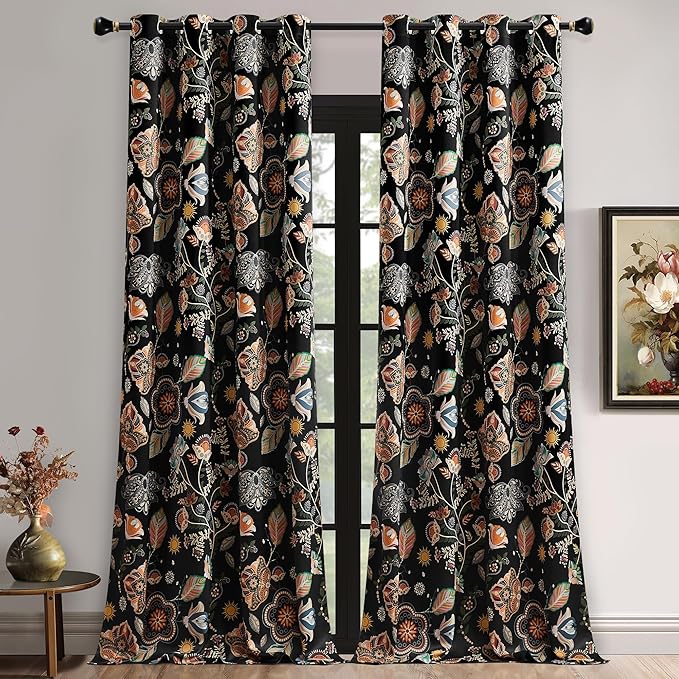 XiDi Dark Black Floral Blackout Curtains 96 Inches Long for Living Dining Room 2 Panels Patterned Curtains Decorative Thermal Insulated Luxury Vintage Flower Botanical Printed Grommet Drapes 52x96
