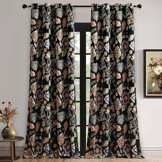 XiDi Dark Black Floral Blackout Curtains 96 Inches Long for Living Dining Room 2 Panels Patterned Curtains Decorative Thermal Insulated Luxury Vintage Flower Botanical Printed Grommet Drapes 52x96