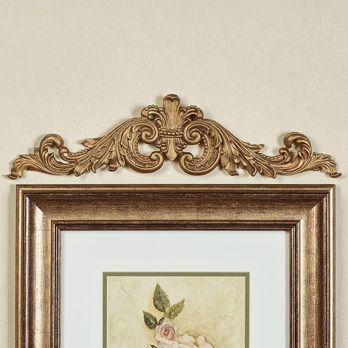 Salvatar Wall Art Topper | Wide Picture Design | Antique Aged Gold Metallic Finish | Openwork Acanthus Leaf Scrolls with Ornate Fleur De Lis | Hang Alone or Above Artwork or Framed Family Photographs