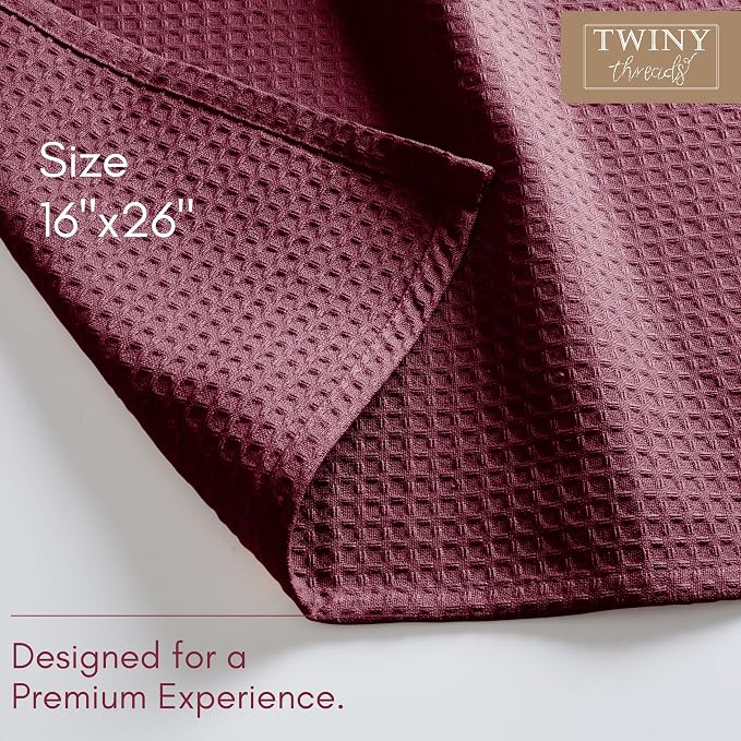 TWINY threads Kitchen Towels Set of 6, 100% Cotton Waffle Weave Easter Dish Towels, Soft Tea Towels with Hanging Loop, Washable Bar Towels for Table Cleaning, Dinning, Parties- 16"X 26"-Burgundy Wine