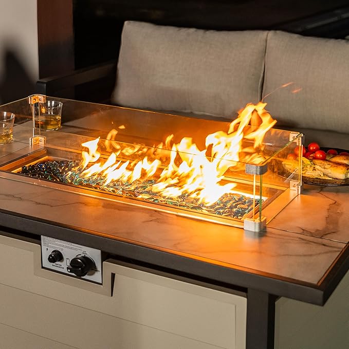 Nuu Garden 43'' Patio Propane Fire Pit Table, 50,000 BTU Gas Fire Pit with Marble-Textured Glass Top, Wind Guard, Lid, Glass Beads, CSA-Certified, 2-in-1 Outdoor Table for Gatherings, Ivory White
