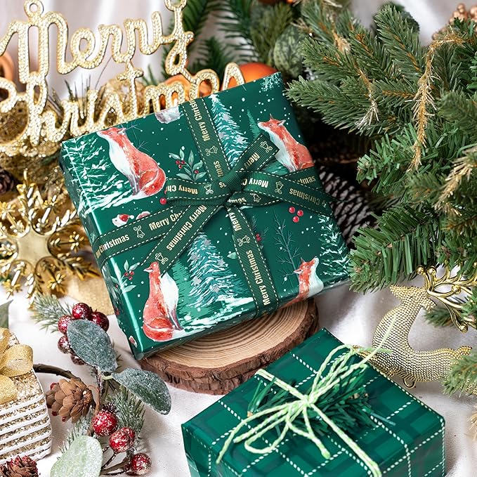 LeZakaa Green Christmas Wrapping Paper Roll, Fox, Squirrel, Reindeer & Chrismas Tree, Green Plaid for Winter Holiday Party, 17 x 120 inches, 3 Mini Rolls