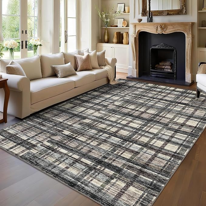 Washable Rugs 9 x 12 Rug for Living Room Plaid Area Rug Non Slip Large Area Rug Soft Non Shedding Throw Rugs Gingham Stain Resistant Carpet for Bedroom Office Dining Room Green/Brown 9'x12'