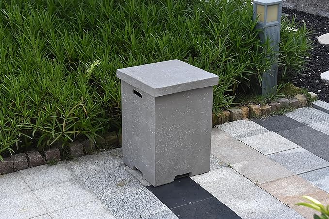 AMS Fireplace | Elementi Tall Light Grey Square Travertine Propane Tank Cover | Concrete GFRC Base | Dimensions: 17.7 x 17.7 x 24.4 inches | Complement Hampton, and Others Fire Pit Tables Perfectly