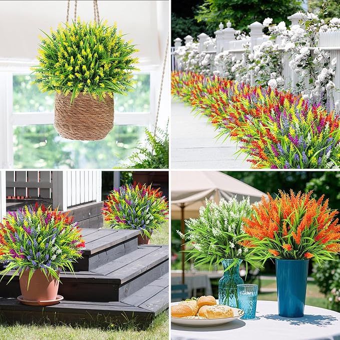 Ouddy Decor 24 Bundles Artificial Flowers for Outdoors, Fake Lavender Flowers Monkey Grass Faux Plastic Plants Shrubs UV Resistant for Porch Garden Window Box Office Home Decorations, Mixed