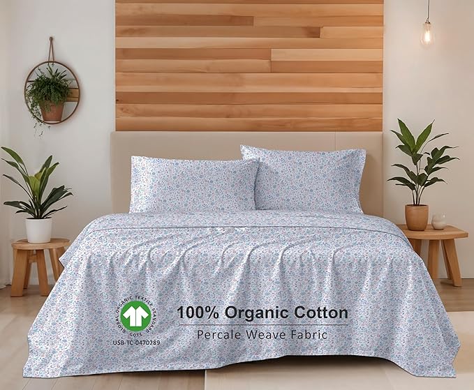 RUVANTI 100% Organic Cotton Sheets California King, Percale Weave, GOTS Certified, 4-Piece Set, Deep Pocket 13", Crisp & Breathable, Soft Durable Bedding, Sábanas Algodón Orgánico – Multi Paisley