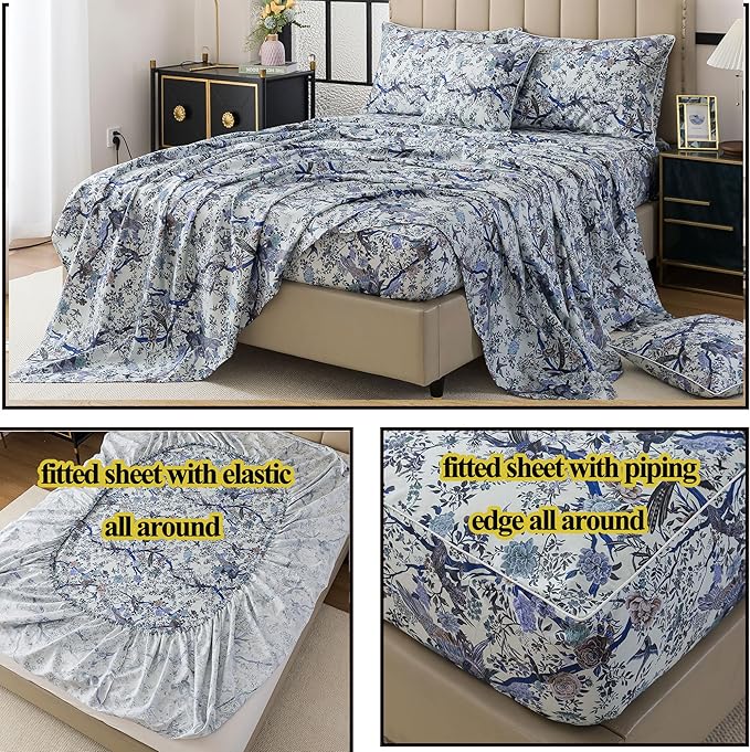 FADFAY Sheets Set Twin XL Botanical Bird Floral Bed Sheets Set Vintage Blue Farmhouse Bedding Shabby Branches Bedding Collections 100% Egyptian Cotton Breathable Soft Deep Pocket 4Pcs, Twin XL Size