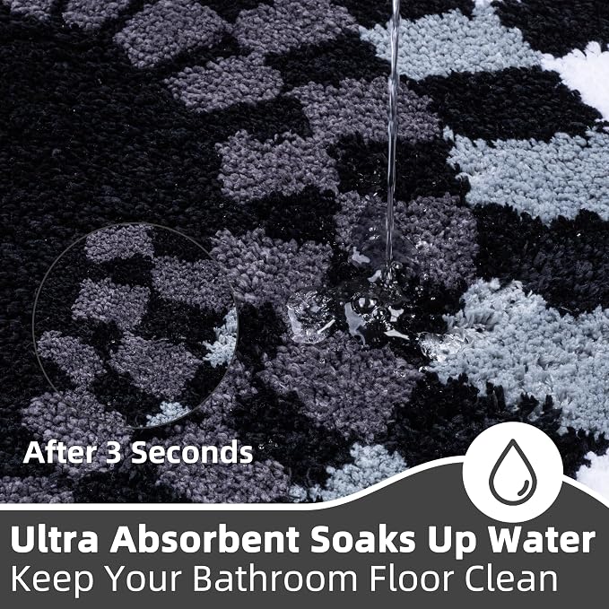 Non Slip Tufted Checkered Bath Mat, Cute Funky Microfiber Absorbent Bath Rug for Bathroom Sink, Toilet, High Pile Black and White Checkerboard Rug, Machine Washable, 16"x24"