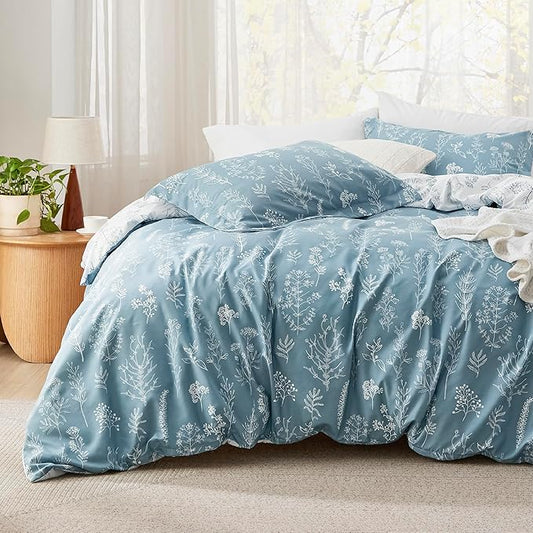 Bedsure Duvet Cover King Size - Reversible Mineral Blue King Duvet Cover Set with Zipper Closure, 3 Pieces Floral Patterned Bedding Set with 8 Corner Ties and 2 Pillow Shams