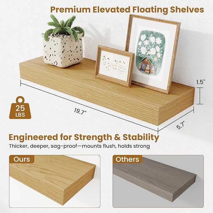 Fun Memories Floating Shelves Bathroom for Wall Mounted Shelves, 20 Inch Wood Shelf Set of 2, Home Storage & Display Decor, Oak