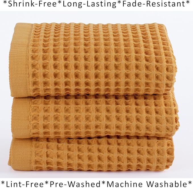PÜSKÜL Natural 100% Turkish Cotton Waffle Kitchen Towels Set of 3 | Oeko-Tex, Premium Waffle Hand Towels for Bathroom | Soft Absorbent Quick-Dry Lint-Free Dish Towel Large 32x16 in (3, Mustrad Yellow)