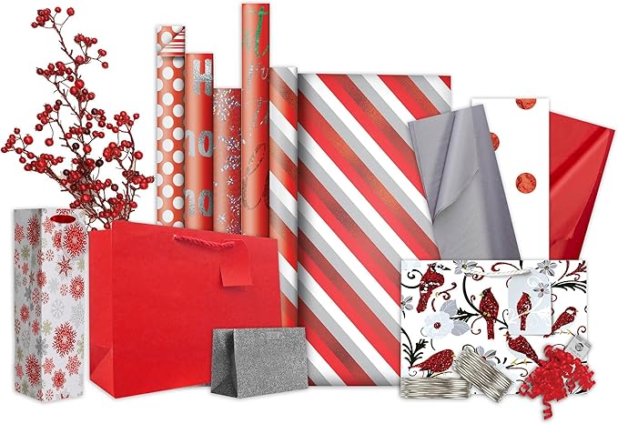 Jillson Roberts Bulk 1/4 Ream Double-Sided Reversible Gift Wrap Available in 12 Different Color Combinations, 30" x 208', Red and White Dots/Stripes